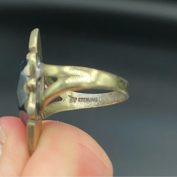 Art Deco Hematite and Brass Vintage Marquise Style Ring Silver Size 5.5Rare - Picture 11 of 16
